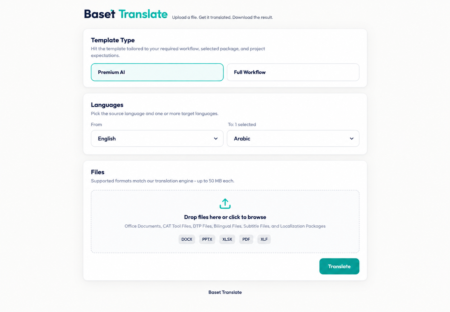 Baset Translate interface showing translation templates, language selection, and file upload